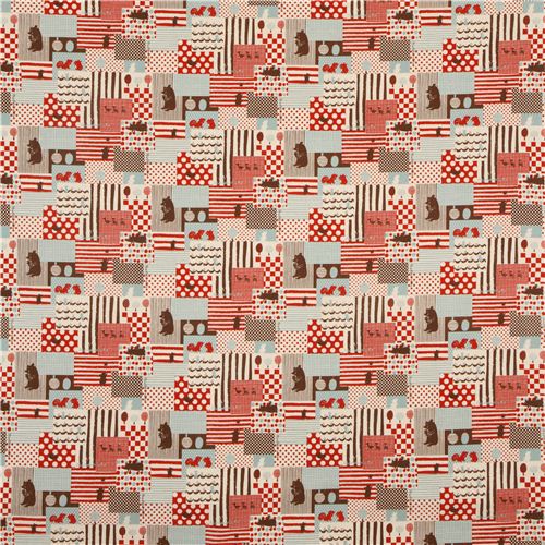 ecru Patchwork Canvas fabric with bears Kokka 2