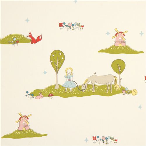 ecru birch Bio-Stoff mit Kinder, Pferd und Windmühle Stoff