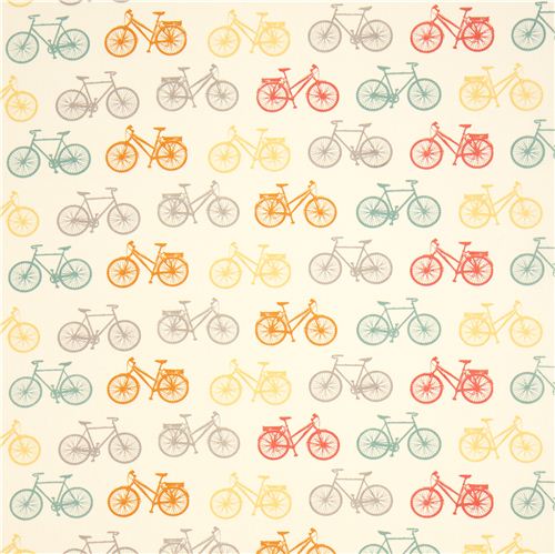 ecru birch organic fabric with colourful bicycles 2