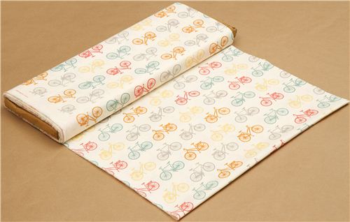 ecru birch organic fabric with colourful bicycles 3