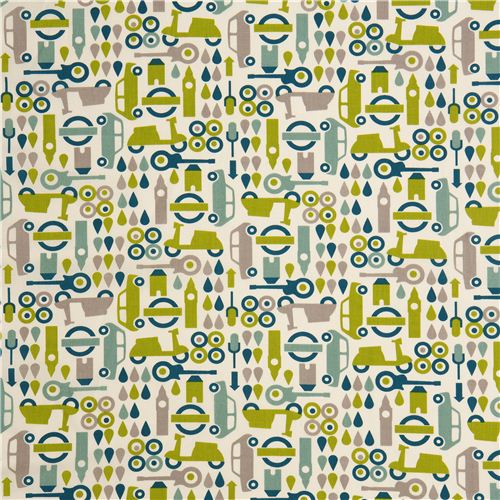 ecru birch organic fabric with green mopeds, cars, guitars 2