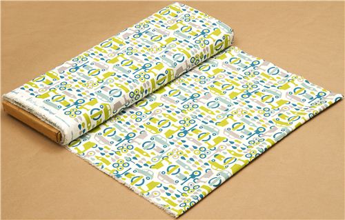 ecru birch organic fabric with green mopeds, cars, guitars 3