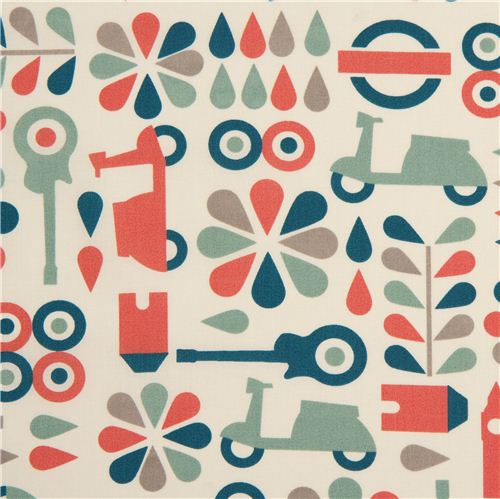 ecru birch organic fabric with red mopeds, cars, guitars 1