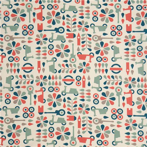 ecru birch organic fabric with red mopeds, cars, guitars 2