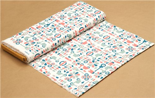 ecru birch organic fabric with red mopeds, cars, guitars 3