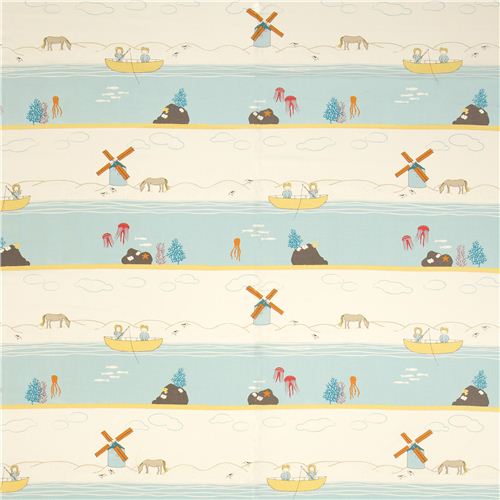 ecru birch organic fabric with sea, boat, children, windmill 2