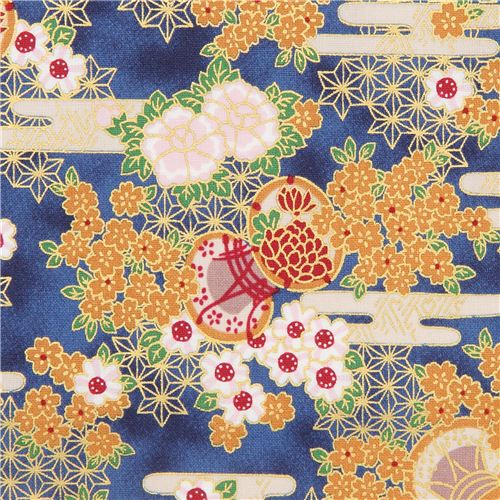 embellished dark blue flower and drum Quilt Gate fabric Fabric by Cosmo ...