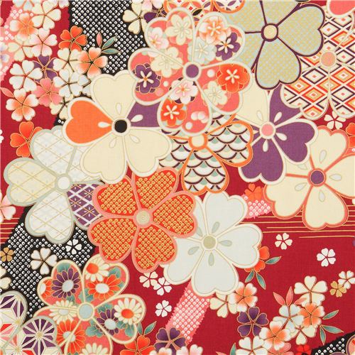 embellished dark red Asia flower fabric by Quilt Gate - modeS4u