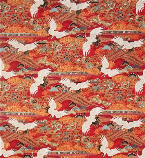 embellished red-orange crane fabric by Quilt Gate - modeS4u