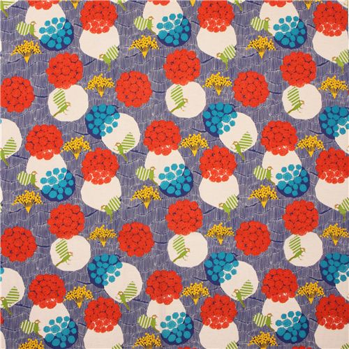extra wide blue echino poplin fabric flower dot birds - modeS4u