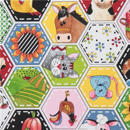 fabric with colorful hexagon farm animal pig cow sheep Quilting