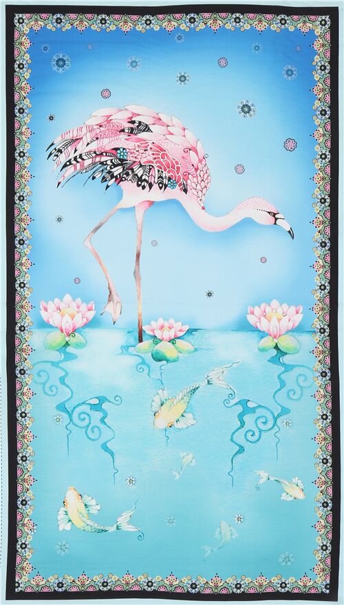 Flamingo-Gromotivstoff mit Lotusblten und Fischen von QT Fabrics Stoff