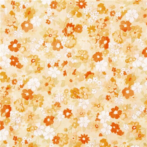 floral orange cotton lawn fabric with orange and white tiny blooms