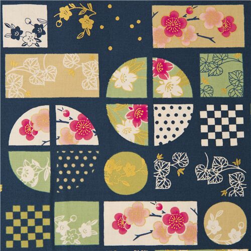 Tissu laminé japonais bleu foncé avec des motifs floraux or métallique et des vitres Tissu