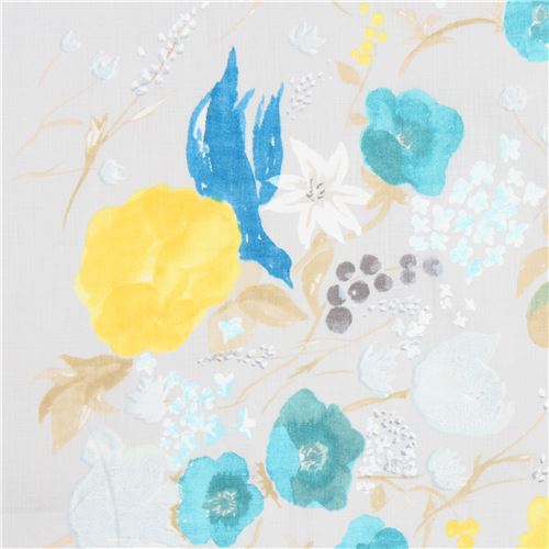 flower bird grey silver metallic nani Iro linen fabric Kokka 1