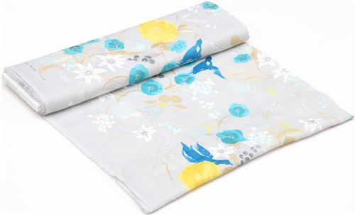 flower bird grey silver metallic nani Iro linen fabric Kokka 4