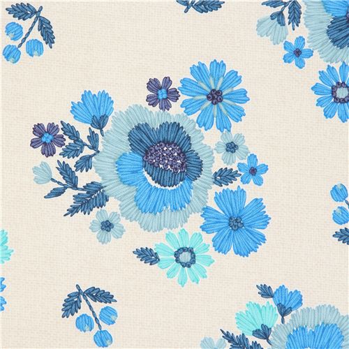 Tela oxford color natural con flor azul turquesa de Kokka - modesS4u