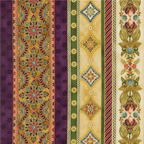 flower stripes fabric with gold par Robert Kaufman USA purple 1