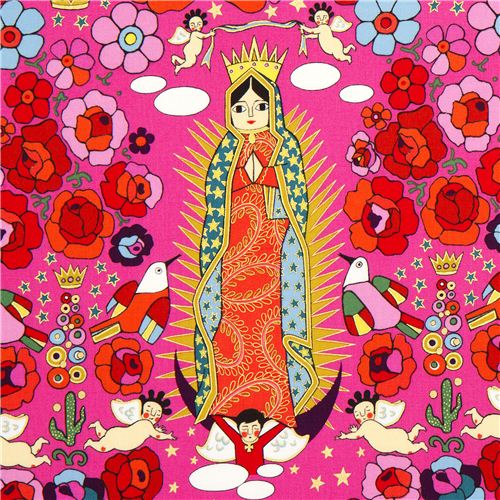 fuchsia Mexican Virgin Mary statue fabric by Alexander Henry 1