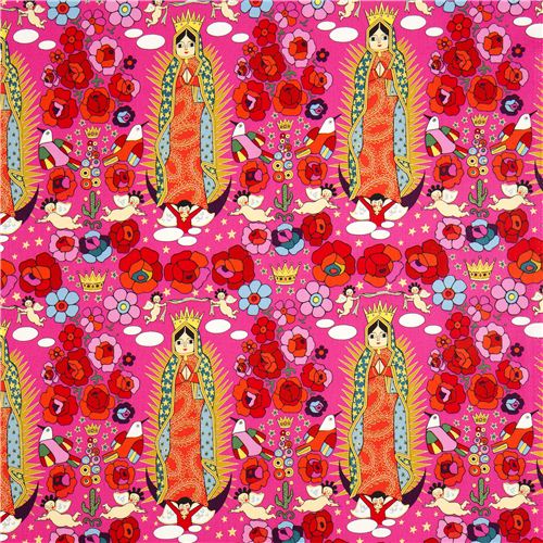 fuchsia Mexican Virgin Mary statue fabric by Alexander Henry 2