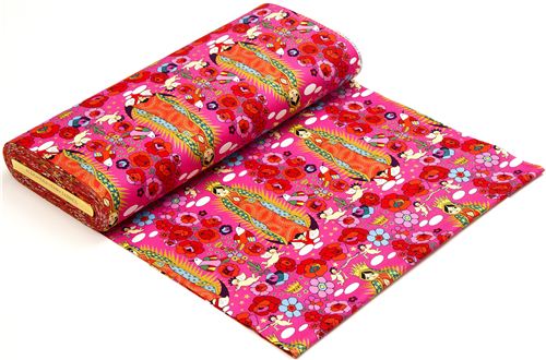 fuchsia Mexican Virgin Mary statue fabric by Alexander Henry 3
