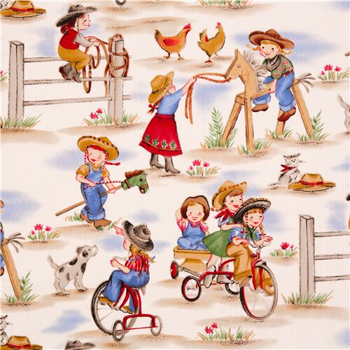 lustiger Michael Miller Vintage Stoff Cowboy Mdchen Stoff