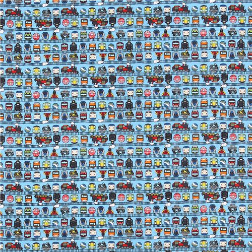 funny blue train faces oxford fabric for boys by Kokka from Japan 2