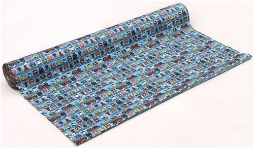 funny blue train faces oxford fabric for boys by Kokka from Japan 3