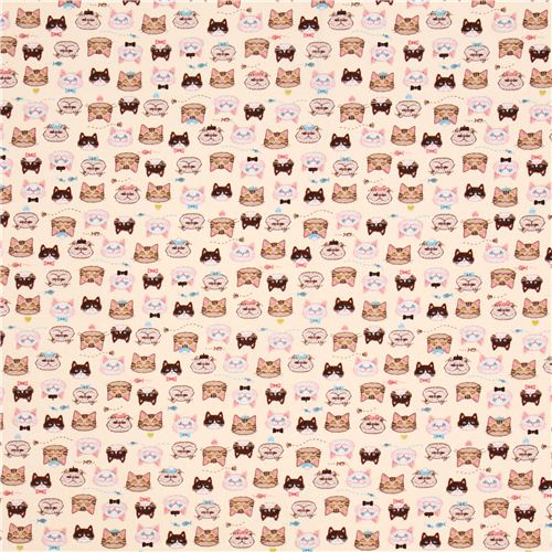 funny cream cat face fish oxford fabric by Kokka 6