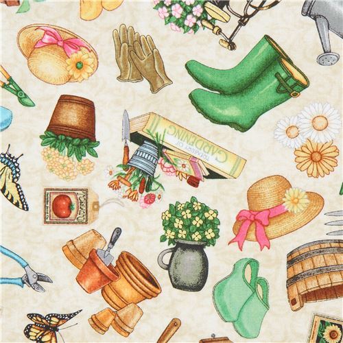 Remnant (34 x 109 cm) gardening tool flower beige fabric Quilting