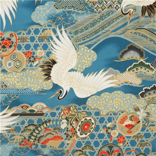 gold metallic embellished crane fabric by Quilt Gate in blue - modeS4u