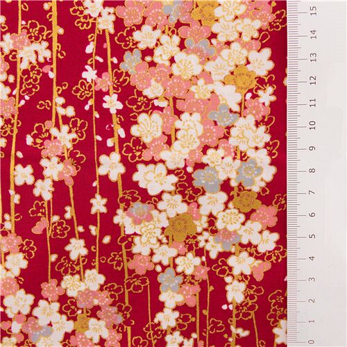 Tessuto rosso giapponese, 100% cotone, motivo Sakura