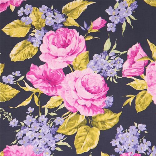 graphite grey rose fabric 'Veranda' by Michael Miller with pink flowers ...