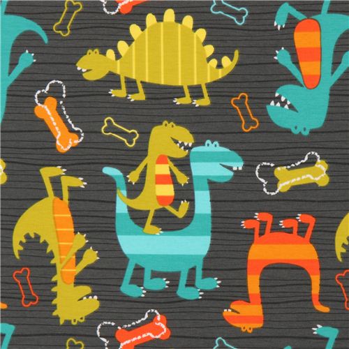 gray Michael Miller knit fabric Dino Dudes cute dinosaur Fabric