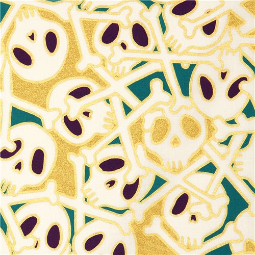 Tela verde de Alexander Henry de calaveras y adornos dorados Tela