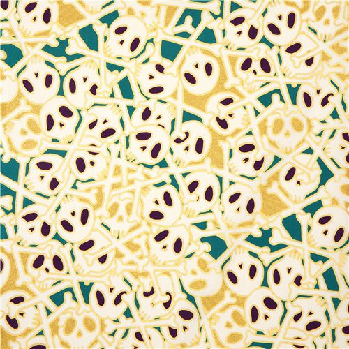 green Alexander Henry fabric skulls with gold 2