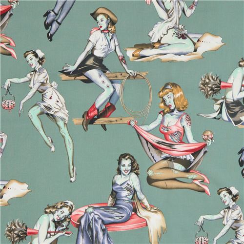 Beauties and Brains Zombie Pin up Girls Fabric