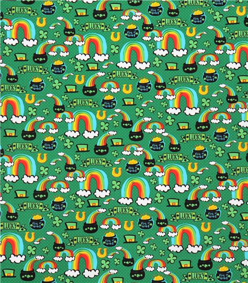 gr�ner irischer Kobold Regenbogen Gold M�rchen Stoff Timeless Treasures 3