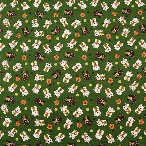 Remnant (50 x 112 cm) - green Japan dobby cotton tumbling sakura flowers beckoning cat maneki neko 2