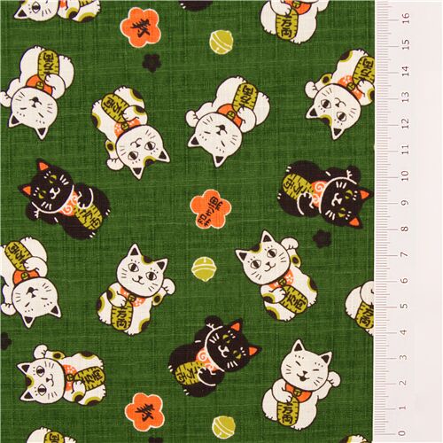 Remnant (50 x 112 cm) - green Japan dobby cotton tumbling sakura flowers beckoning cat maneki neko 3