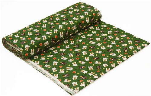Remnant (50 x 112 cm) - green Japan dobby cotton tumbling sakura flowers beckoning cat maneki neko 4