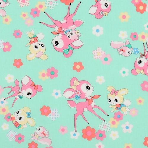 green Japanese fabric deer squirrel bunnies 1