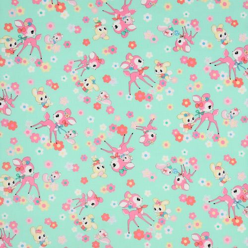 green Japanese fabric deer squirrel bunnies 2