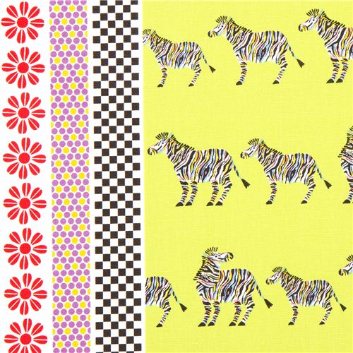 green Kokka oxford fabric with zebras & stripes 1