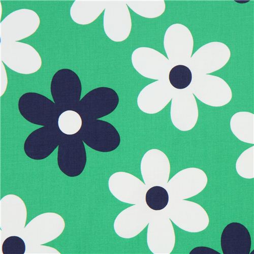 green Michael Miller fabric with white-blue flowers 1