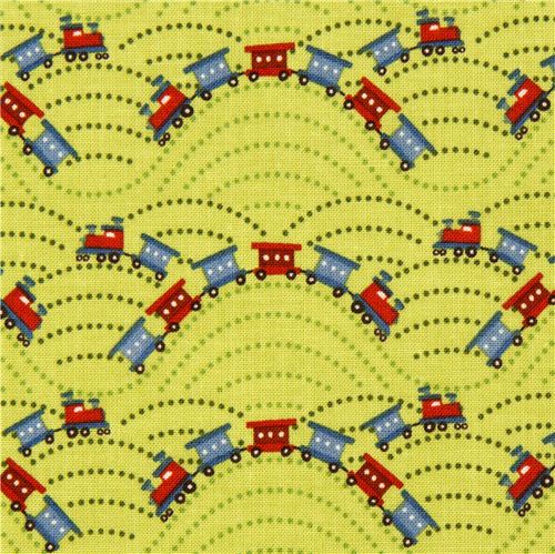 green Riley Blake fabric with train locomotive USA 1