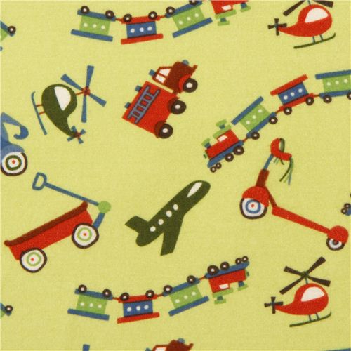 green Riley Blake flannel fabric train airplane scooter 1