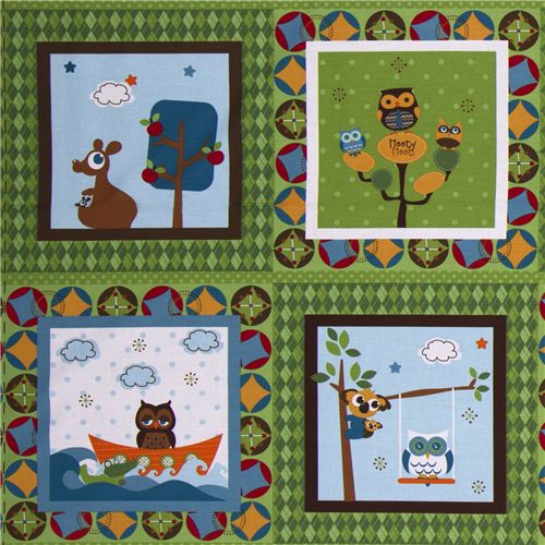 green Riley Blake panel fabric kawaii owls 1