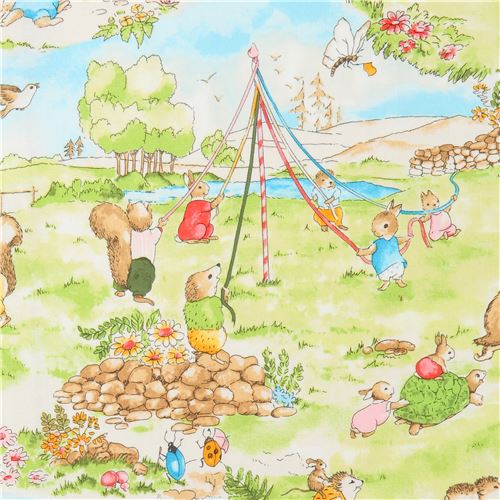 green Robert Kaufman bunny rabbit hedgehog fabric Storybook Meadow