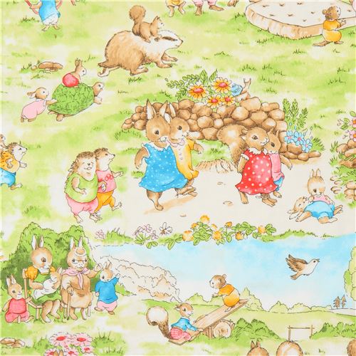 green Robert Kaufman bunny rabbit hedgehog fabric Storybook Meadow ...